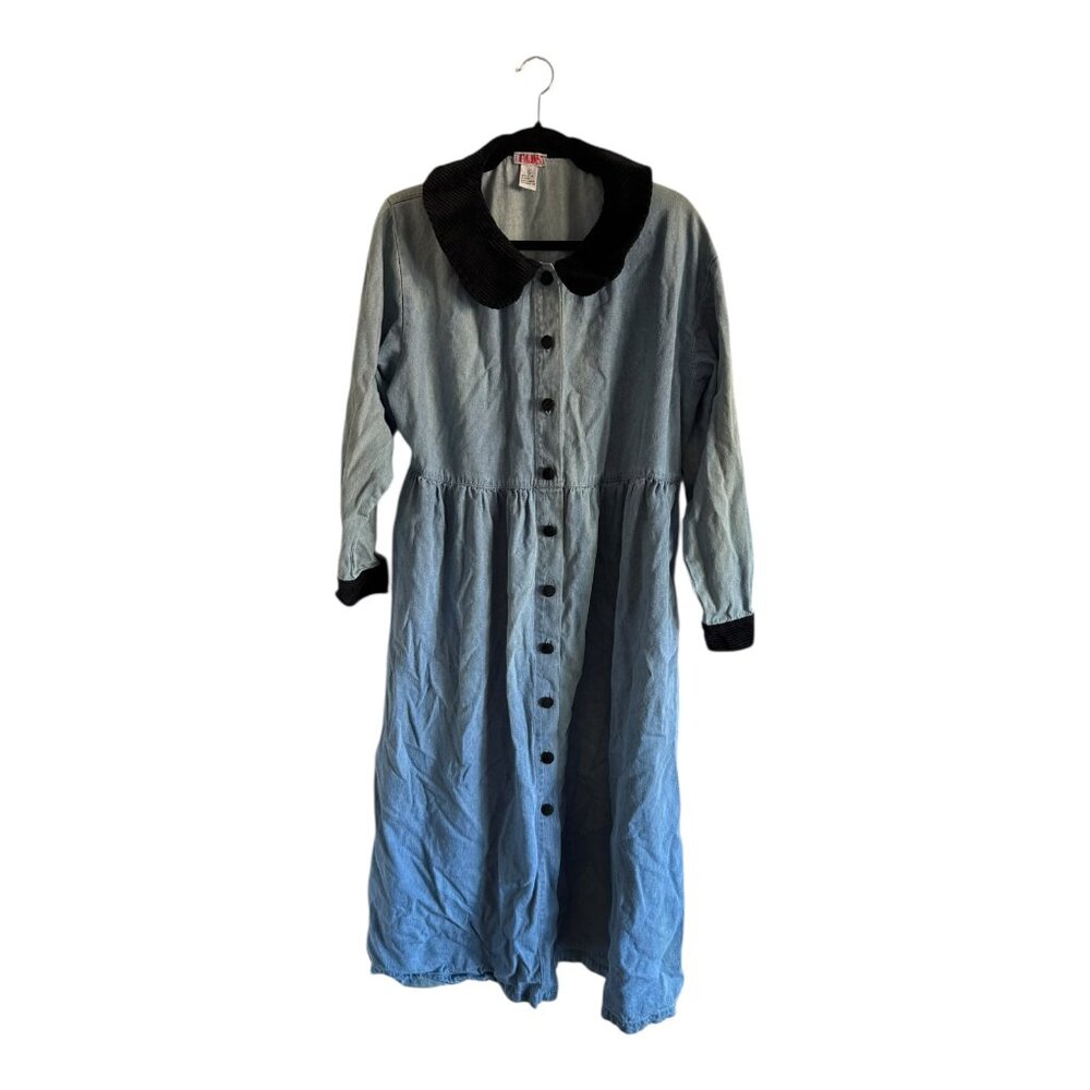90s FADS Denim Shirt Dress XL Pockets Button Front Black Corduroy Collar Vintage
